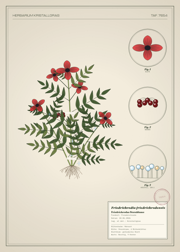 Botanische Tafel: Friedrichrodia friedrichrodensis, eine erfundene Pflanze aus Friedrichroda, gezeichnet wie in einem alten Pflanzenatlas