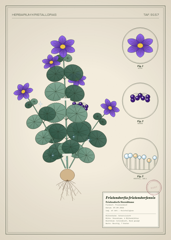 Botanische Tafel: Frielendorfia frielendorfensis, eine erfundene Pflanze aus Frielendorf, gezeichnet wie in einem alten Pflanzenatlas