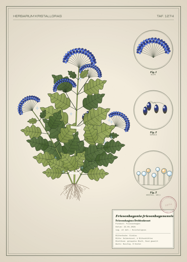 Botanische Tafel: Friesenhagenia friesenhagenensis, eine erfundene Pflanze aus Friesenhagen, gezeichnet wie in einem alten Pflanzenatlas