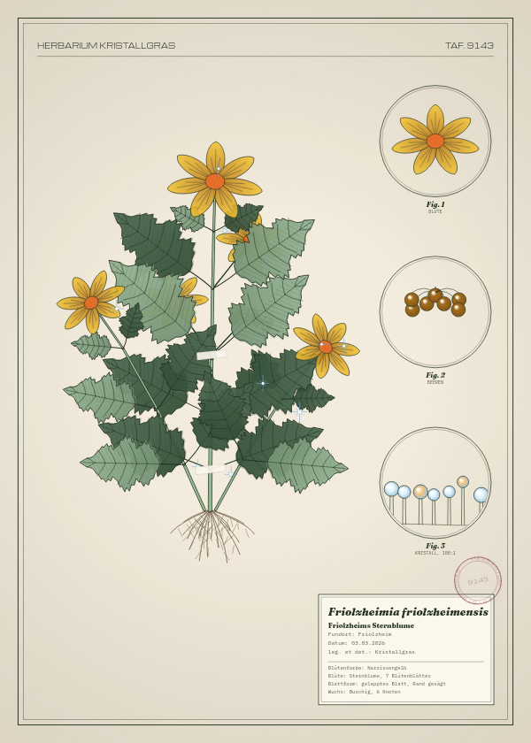 Botanische Tafel: Friolzheimia friolzheimensis, eine erfundene Pflanze aus Friolzheim, gezeichnet wie in einem alten Pflanzenatlas