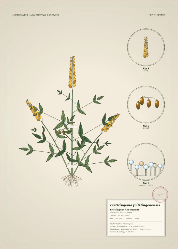 Botanische Tafel: Frittlingenia frittlingenensis, eine erfundene Pflanze aus Frittlingen, gezeichnet wie in einem alten Pflanzenatlas