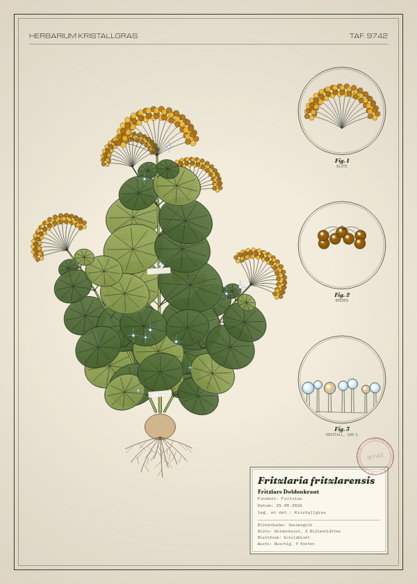 Botanische Tafel: Fritzlaria fritzlarensis, eine erfundene Pflanze aus Fritzlar, gezeichnet wie in einem alten Pflanzenatlas