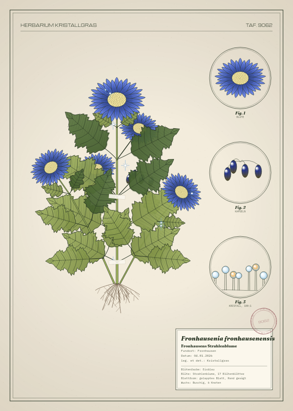 Botanische Tafel: Fronhausenia fronhausenensis, eine erfundene Pflanze aus Fronhausen, gezeichnet wie in einem alten Pflanzenatlas