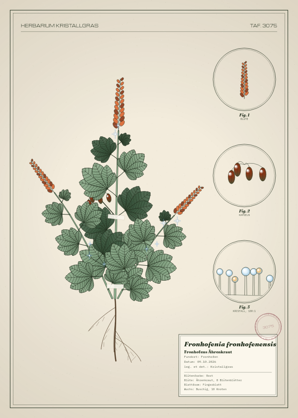 Botanische Tafel: Fronhofenia fronhofenensis, eine erfundene Pflanze aus Fronhofen, gezeichnet wie in einem alten Pflanzenatlas