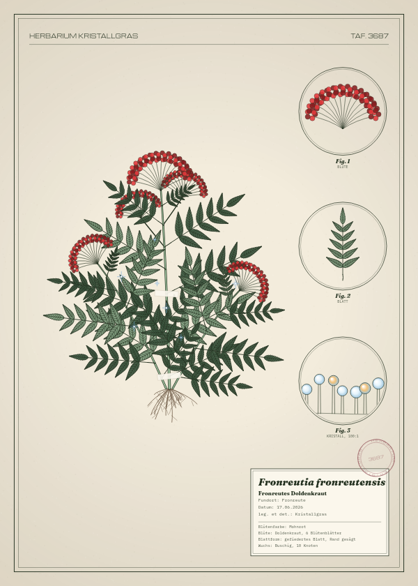 Botanische Tafel: Fronreutia fronreutensis, eine erfundene Pflanze aus Fronreute, gezeichnet wie in einem alten Pflanzenatlas