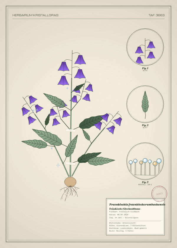 Botanische Tafel: Fraenkischia fraenkischcrumbachensis, eine erfundene Pflanze aus Fränkisch-Crumbach, gezeichnet wie in einem alten Pflanzenatlas