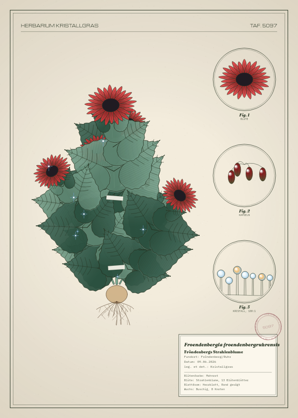 Botanische Tafel: Froendenbergia froendenbergruhrensis, eine erfundene Pflanze aus Fröndenberg/Ruhr, gezeichnet wie in einem alten Pflanzenatlas