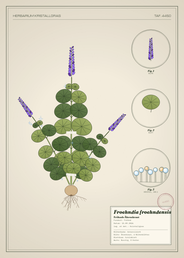 Botanische Tafel: Froehndia froehndensis, eine erfundene Pflanze aus Fröhnd, gezeichnet wie in einem alten Pflanzenatlas