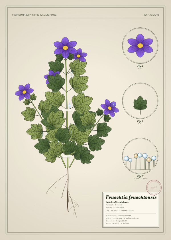 Botanische Tafel: Fruechtia fruechtensis, eine erfundene Pflanze aus Frücht, gezeichnet wie in einem alten Pflanzenatlas