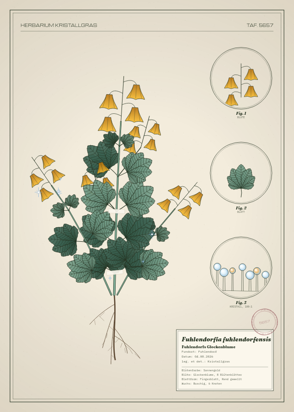 Botanische Tafel: Fuhlendorfia fuhlendorfensis, eine erfundene Pflanze aus Fuhlendorf, gezeichnet wie in einem alten Pflanzenatlas