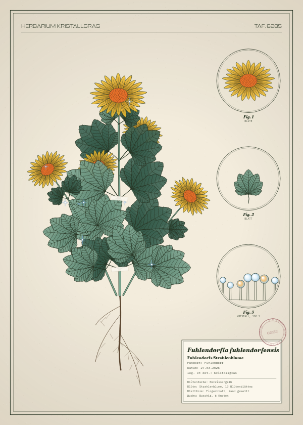 Botanische Tafel: Fuhlendorfia fuhlendorfensis, eine erfundene Pflanze aus Fuhlendorf, gezeichnet wie in einem alten Pflanzenatlas