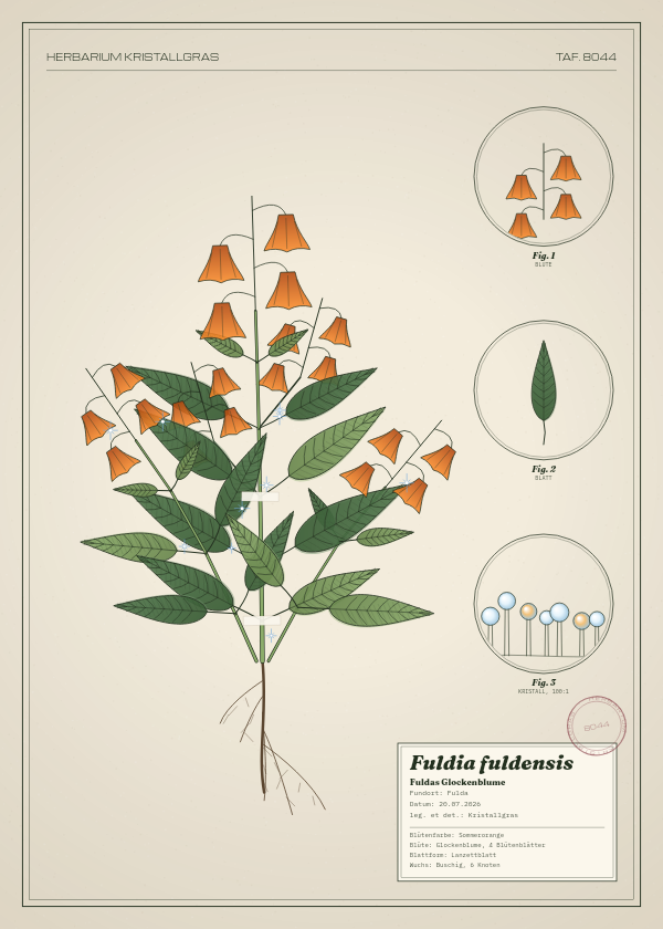 Botanische Tafel: Fuldia fuldensis, eine erfundene Pflanze aus Fulda, gezeichnet wie in einem alten Pflanzenatlas