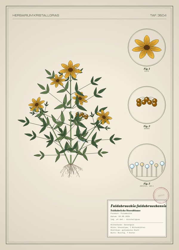 Botanische Tafel: Fuldabrueckia fuldabrueckensis, eine erfundene Pflanze aus Fuldabrück, gezeichnet wie in einem alten Pflanzenatlas