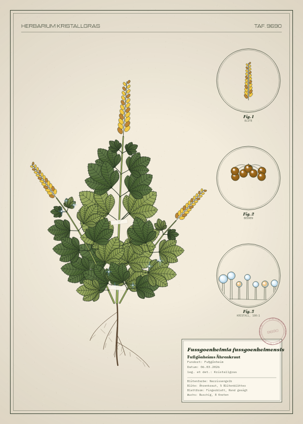 Botanische Tafel: Fussgoenheimia fussgoenheimensis, eine erfundene Pflanze aus Fußgönheim, gezeichnet wie in einem alten Pflanzenatlas
