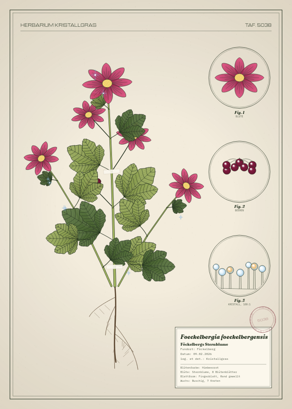 Botanische Tafel: Foeckelbergia foeckelbergensis, eine erfundene Pflanze aus Föckelberg, gezeichnet wie in einem alten Pflanzenatlas