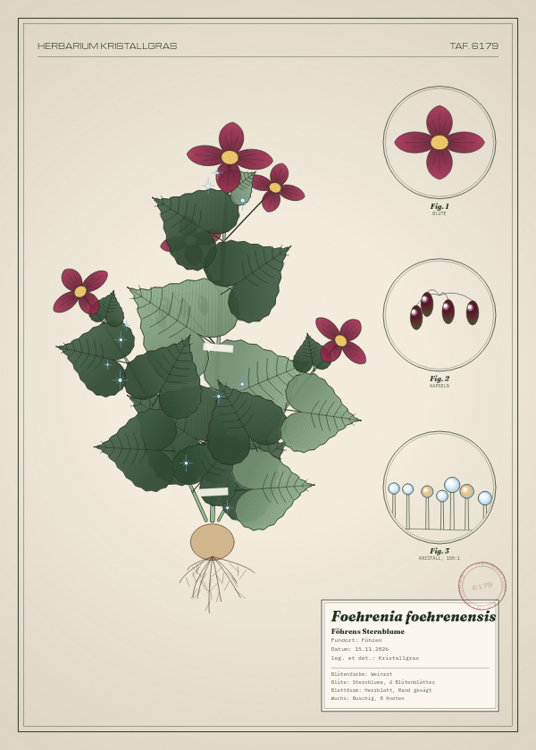 Botanische Tafel: Foehrenia foehrenensis, eine erfundene Pflanze aus Föhren, gezeichnet wie in einem alten Pflanzenatlas
