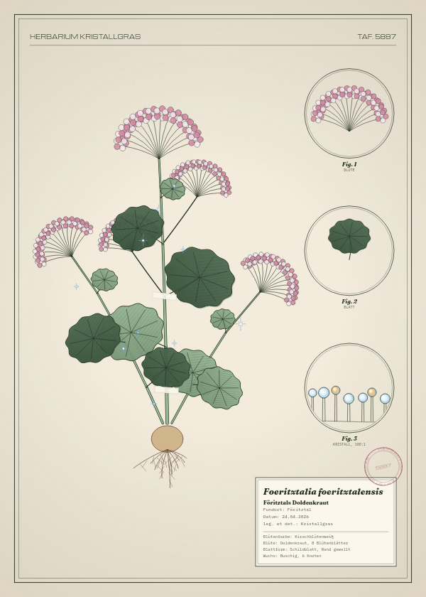 Botanische Tafel: Foeritztalia foeritztalensis, eine erfundene Pflanze aus Föritztal, gezeichnet wie in einem alten Pflanzenatlas