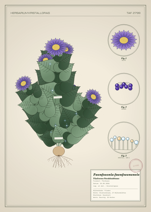 Botanische Tafel: Fuenfseenia fuenfseenensis, eine erfundene Pflanze aus Fünfseen, gezeichnet wie in einem alten Pflanzenatlas