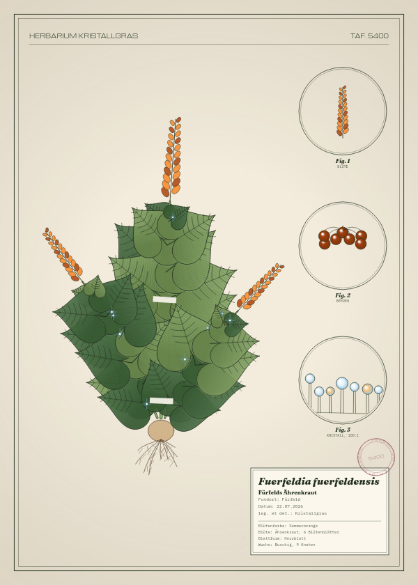 Botanische Tafel: Fuerfeldia fuerfeldensis, eine erfundene Pflanze aus Fürfeld, gezeichnet wie in einem alten Pflanzenatlas