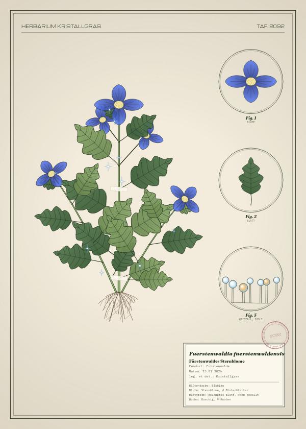 Botanische Tafel: Fuerstenwaldia fuerstenwaldensis, eine erfundene Pflanze aus Fürstenwalde, gezeichnet wie in einem alten Pflanzenatlas