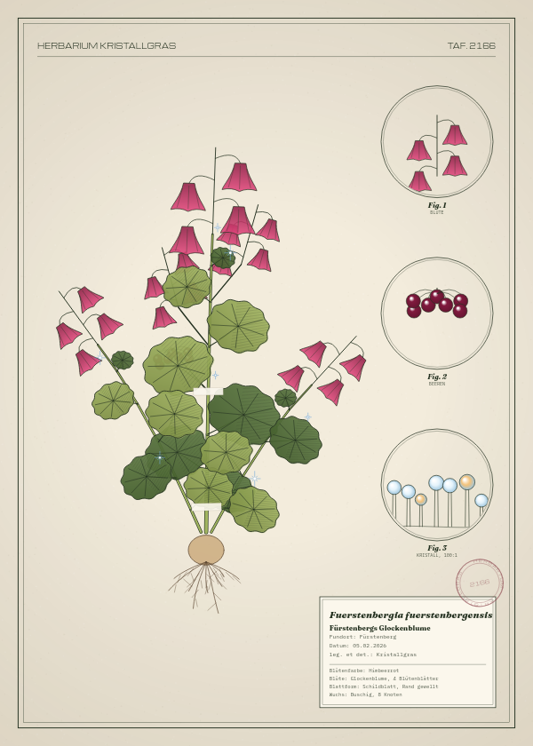 Botanische Tafel: Fuerstenbergia fuerstenbergensis, eine erfundene Pflanze aus Fürstenberg, gezeichnet wie in einem alten Pflanzenatlas