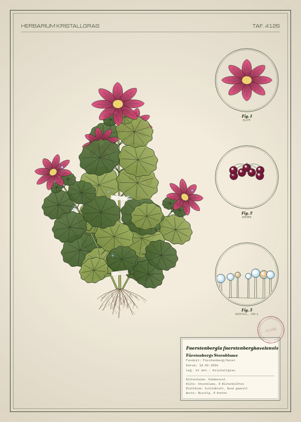 Botanische Tafel: Fuerstenbergia fuerstenberghavelensis, eine erfundene Pflanze aus Fürstenberg/Havel, gezeichnet wie in einem alten Pflanzenatlas