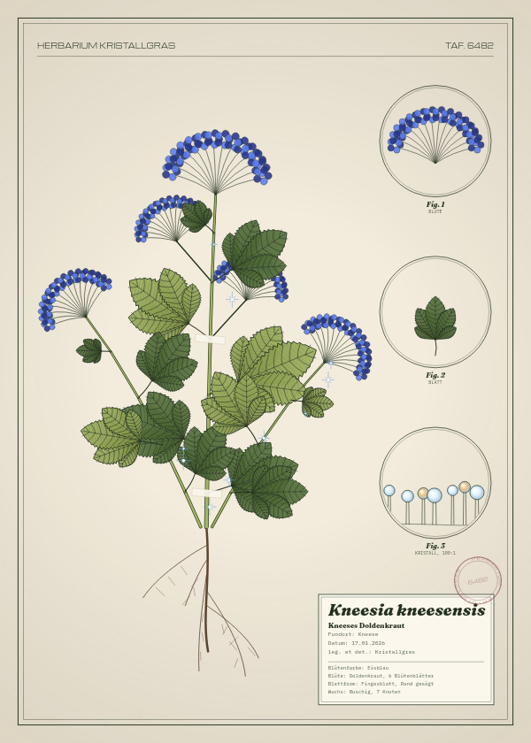 Botanische Tafel: Kneesia kneesensis, eine erfundene Pflanze aus Kneese, gezeichnet wie in einem alten Pflanzenatlas