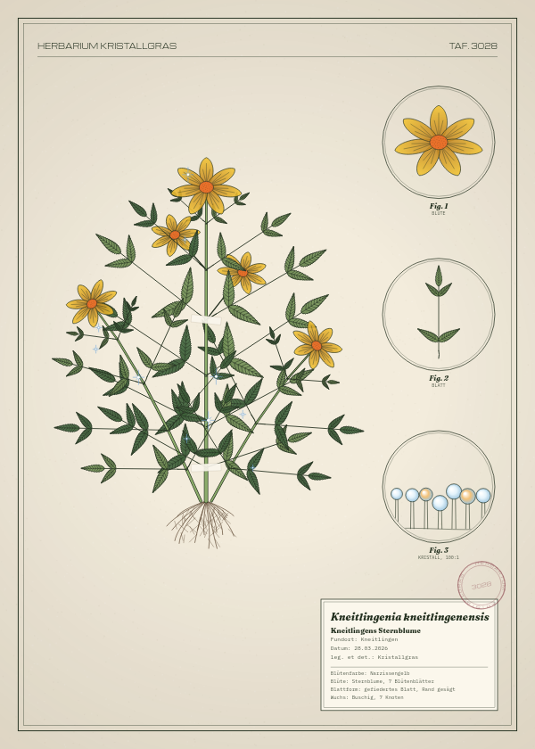 Botanische Tafel: Kneitlingenia kneitlingenensis, eine erfundene Pflanze aus Kneitlingen, gezeichnet wie in einem alten Pflanzenatlas