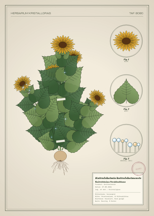Botanische Tafel: Knittelsheimia knittelsheimensis, eine erfundene Pflanze aus Knittelsheim, gezeichnet wie in einem alten Pflanzenatlas