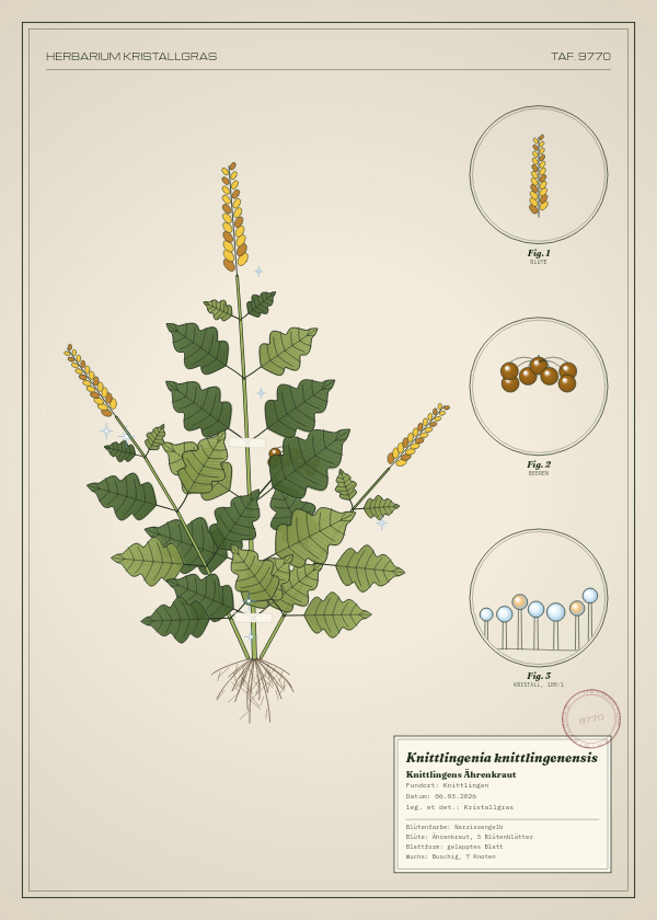 Botanische Tafel: Knittlingenia knittlingenensis, eine erfundene Pflanze aus Knittlingen, gezeichnet wie in einem alten Pflanzenatlas