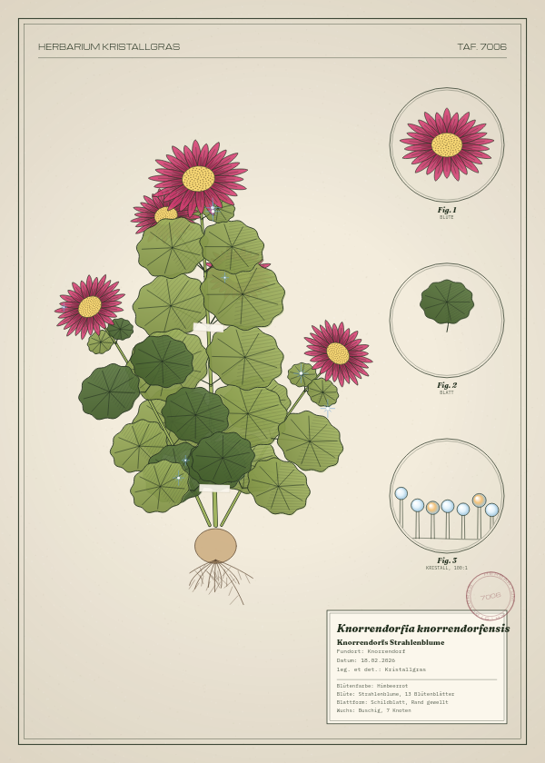 Botanische Tafel: Knorrendorfia knorrendorfensis, eine erfundene Pflanze aus Knorrendorf, gezeichnet wie in einem alten Pflanzenatlas
