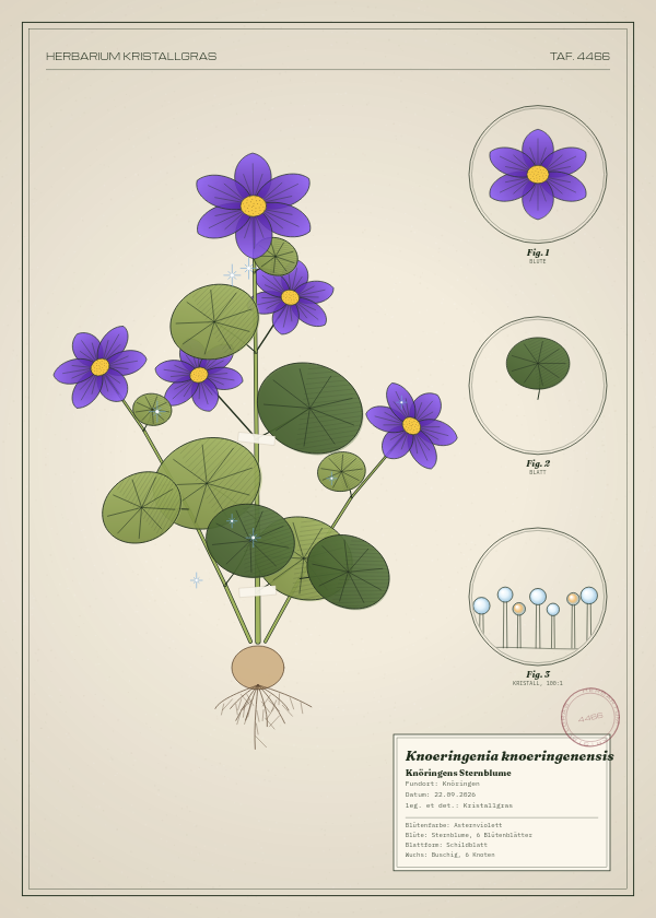 Botanische Tafel: Knoeringenia knoeringenensis, eine erfundene Pflanze aus Knöringen, gezeichnet wie in einem alten Pflanzenatlas
