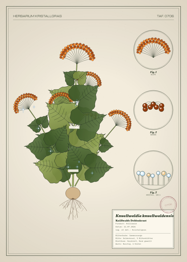 Botanische Tafel: Knuellwaldia knuellwaldensis, eine erfundene Pflanze aus Knüllwald, gezeichnet wie in einem alten Pflanzenatlas