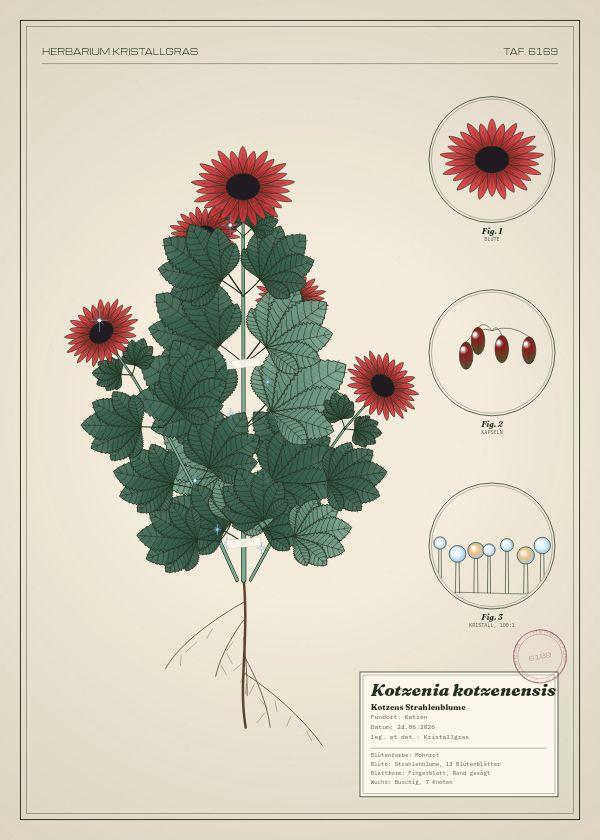 Botanische Tafel: Kotzenia kotzenensis, eine erfundene Pflanze aus Kotzen, gezeichnet wie in einem alten Pflanzenatlas