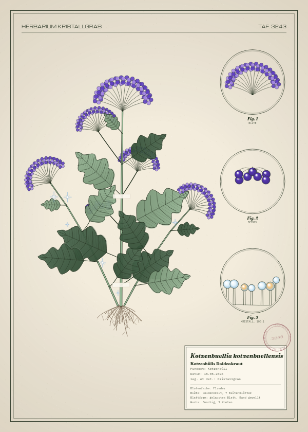 Botanische Tafel: Kotzenbuellia kotzenbuellensis, eine erfundene Pflanze aus Kotzenbüll, gezeichnet wie in einem alten Pflanzenatlas