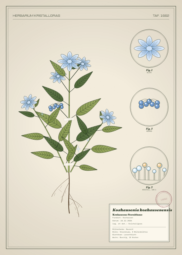 Botanische Tafel: Koxhausenia koxhausenensis, eine erfundene Pflanze aus Koxhausen, gezeichnet wie in einem alten Pflanzenatlas