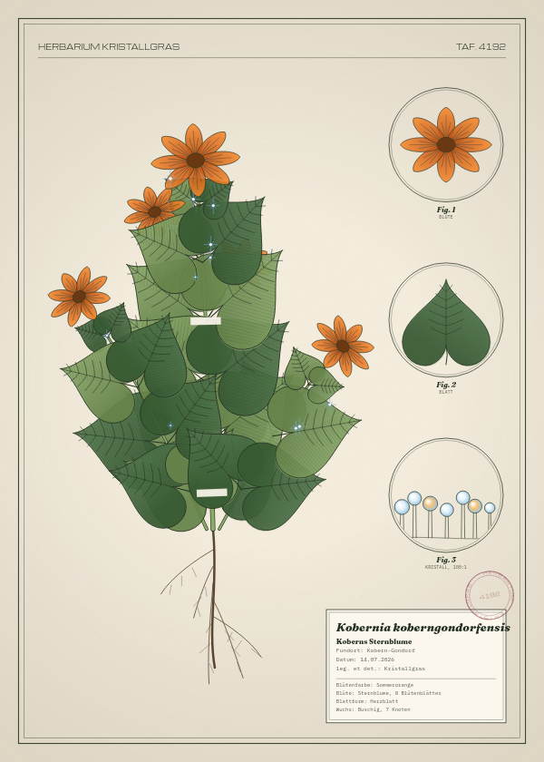 Botanische Tafel: Kobernia koberngondorfensis, eine erfundene Pflanze aus Kobern-Gondorf, gezeichnet wie in einem alten Pflanzenatlas