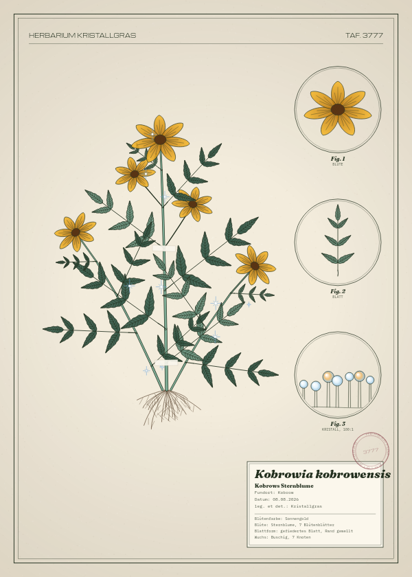 Botanische Tafel: Kobrowia kobrowensis, eine erfundene Pflanze aus Kobrow, gezeichnet wie in einem alten Pflanzenatlas