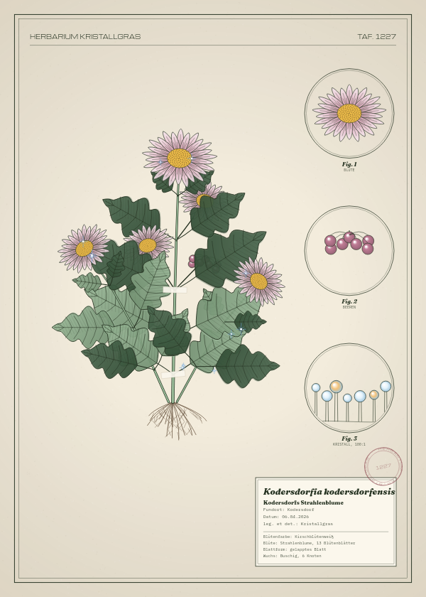 Botanische Tafel: Kodersdorfia kodersdorfensis, eine erfundene Pflanze aus Kodersdorf, gezeichnet wie in einem alten Pflanzenatlas