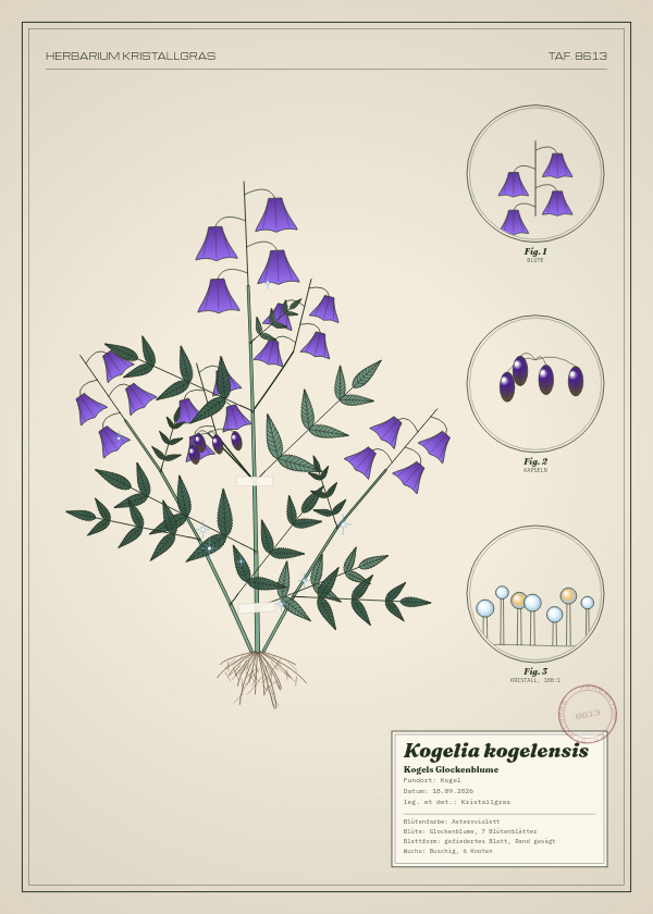 Botanische Tafel: Kogelia kogelensis, eine erfundene Pflanze aus Kogel, gezeichnet wie in einem alten Pflanzenatlas