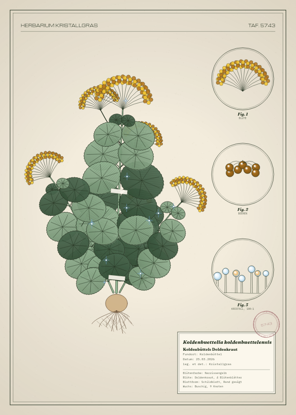 Botanische Tafel: Koldenbuettelia koldenbuettelensis, eine erfundene Pflanze aus Koldenbüttel, gezeichnet wie in einem alten Pflanzenatlas