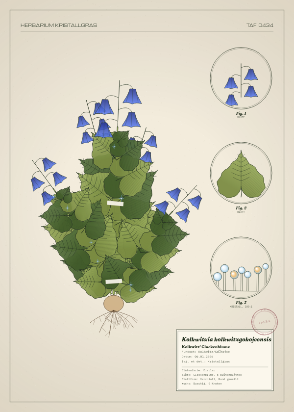 Botanische Tafel: Kolkwitzia kolkwitzgokojcensis, eine erfundene Pflanze aus Kolkwitz/Gołkojce, gezeichnet wie in einem alten Pflanzenatlas
