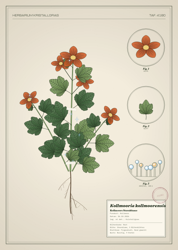 Botanische Tafel: Kollmooria kollmoorensis, eine erfundene Pflanze aus Kollmoor, gezeichnet wie in einem alten Pflanzenatlas