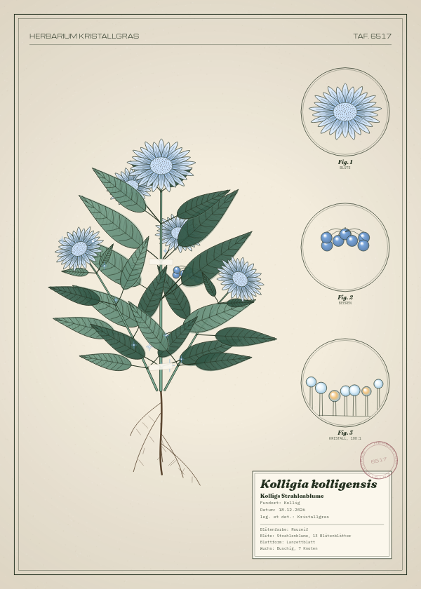 Botanische Tafel: Kolligia kolligensis, eine erfundene Pflanze aus Kollig, gezeichnet wie in einem alten Pflanzenatlas