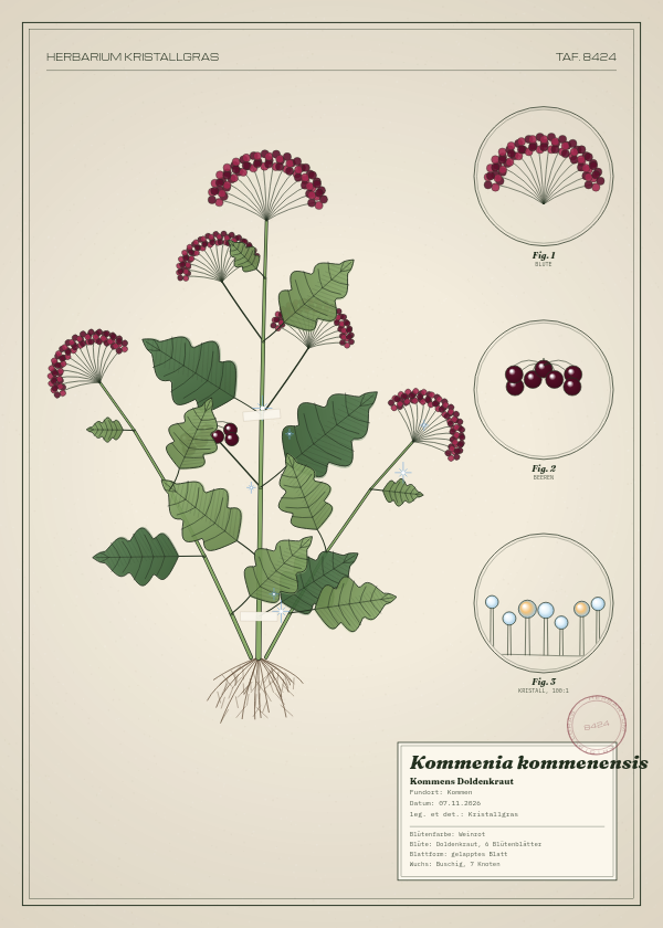 Botanische Tafel: Kommenia kommenensis, eine erfundene Pflanze aus Kommen, gezeichnet wie in einem alten Pflanzenatlas