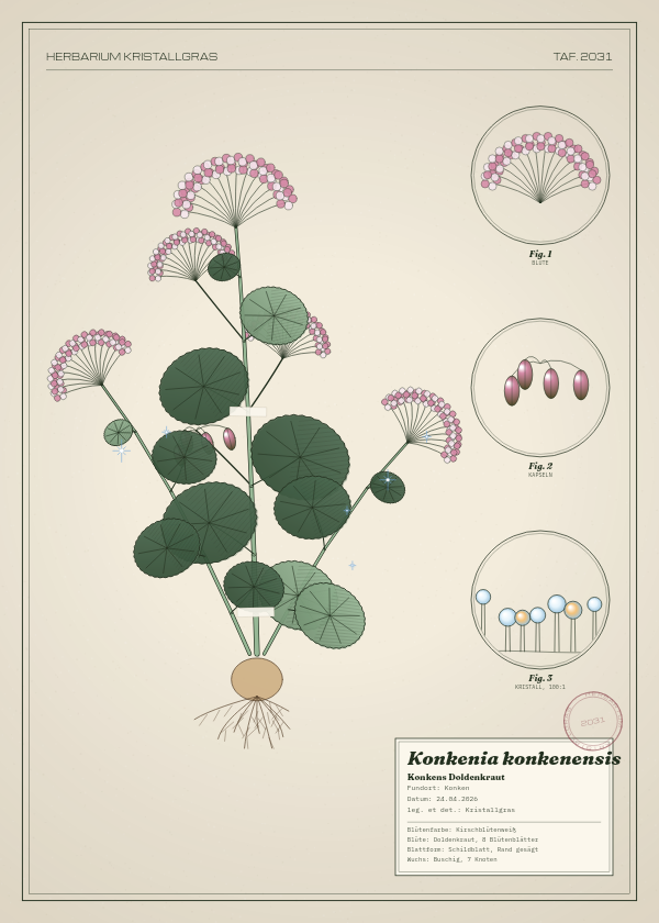 Botanische Tafel: Konkenia konkenensis, eine erfundene Pflanze aus Konken, gezeichnet wie in einem alten Pflanzenatlas