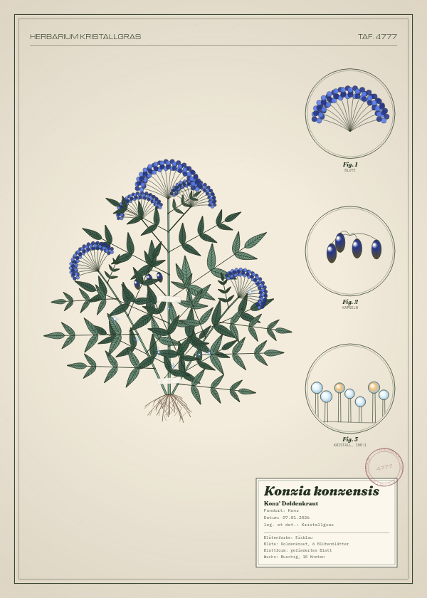 Botanische Tafel: Konzia konzensis, eine erfundene Pflanze aus Konz, gezeichnet wie in einem alten Pflanzenatlas