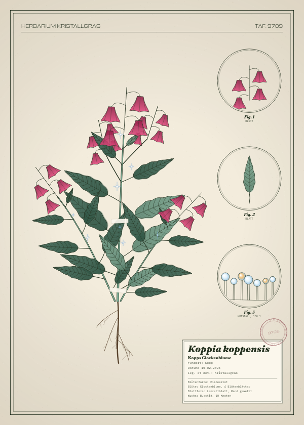 Botanische Tafel: Koppia koppensis, eine erfundene Pflanze aus Kopp, gezeichnet wie in einem alten Pflanzenatlas