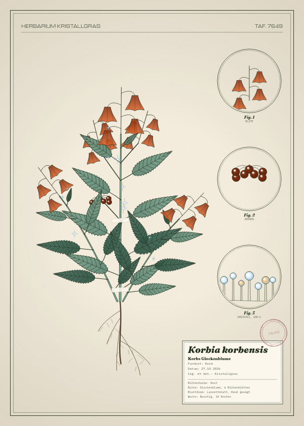 Botanische Tafel: Korbia korbensis, eine erfundene Pflanze aus Korb, gezeichnet wie in einem alten Pflanzenatlas