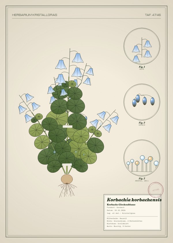 Botanische Tafel: Korbachia korbachensis, eine erfundene Pflanze aus Korbach, gezeichnet wie in einem alten Pflanzenatlas